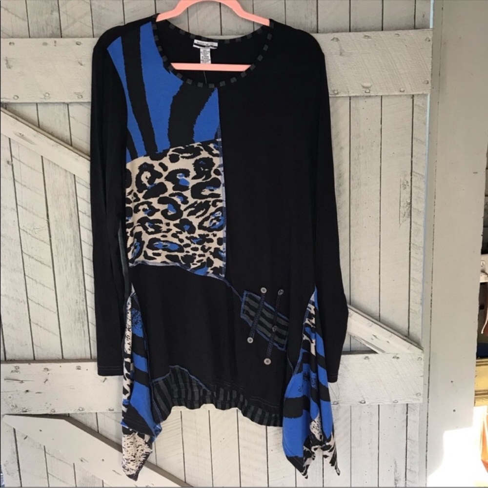 Mirror Image-  Black and Blue Asymmetrical Tunic with Graphic Design